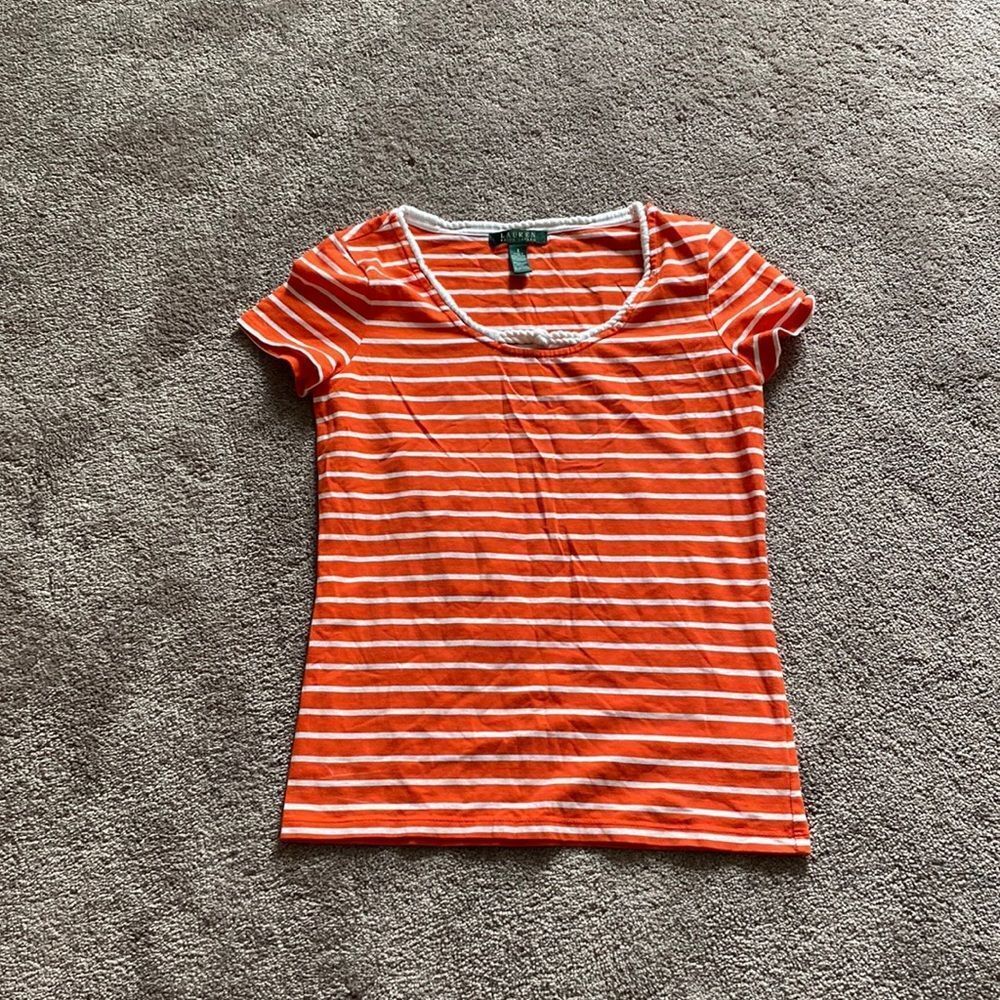 Lauren Ralph Lauren Orange White Striped Short Sleeve Top Size S Women's